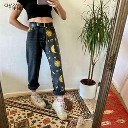 High Waist Loose Jeans For Women Sun Moon Star Pattern Plus Size Casual Straight Denim Pants Streetwear Washed Boyfriend 211129