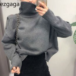 Ezgaga Streetwear Sweater Jumper Women Autumn Winter Korean Chic Turtleneck Tops Buttom Off Shoulder Solid Ladies Pullover 210430