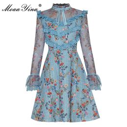 Fashion Designer dress Autumn Women's Dress Mesh Flare Sleev Ruffles Floral Print Slim Elegant Dresses 210524