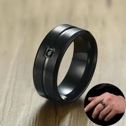 square bezel Australia - Wedding Rings 8MM Black Band Plated Stainless Steel And Square Bezel CZ Grooved Inlay Men Ring Comfort Fit Beveled Edge Male Jewelry
