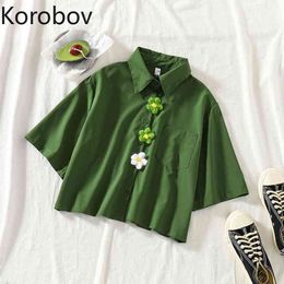 Korobov 3D Flower Design Summer T Shirt Women Turn Down Collar Short Sleeve Tshirts Casual Sweet Crop Tops New Arrival Camisetas 210430