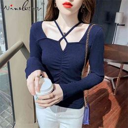 Spring Fall European Clothes Cotton T-Shirt Girls Chic Sexy Hollow Out Women Tops Long Sleeve Drape Slim Tees T11901A 210421