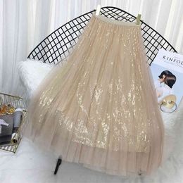 Spring Summer Skirts Women Korea Long Tulle Skirt Sequined Pleated A Line Midi Skirt Chic High Waist Skirt Female 210522