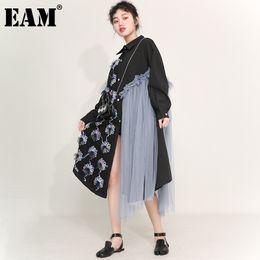 [EAM] Women Black Flower Mesh Irregular Big Size Dress Lapel Long Sleeve Loose Fit Fashion Spring Autumn 1Z5060 21512