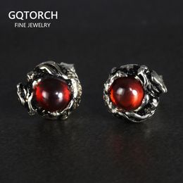 100% Pure 925 Sterling Silver Stud Earrings for Women Men Dragon Earrings Vintage Skeleton Gothic With Garnet Natural Stone 210325