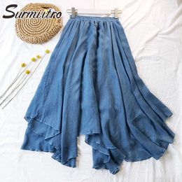 SURMIITRO Spring Summer Cotton Linen Skirt Women Korean Style Vintage High Waist Aesthetic Midi Pleated Skirt Female 210712