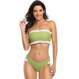 Ruffled Strapless Two Pieces Swimsuit Women Summer Sexy Tube Top Split Thong Skinny Beach Holiday Feminine Bikini 210608