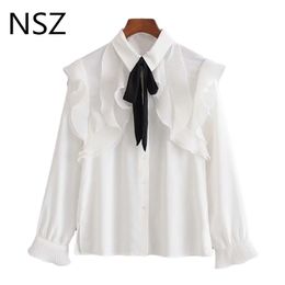 NSZ women white chiffon blouse contrast color tiered ruffles bow tied neck shirt elegant office work top blusa camisa mujer 210317