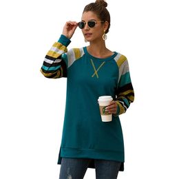 Long Sleeve Striped Patchwork Raglan T-shirt Fall Fashion Casual Loose Crew Neck Front Short Back Pullover Top 210522