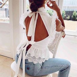 Sexy backless white lace women blouse and tops ruffle sleeveless embriodery pelpum shirt hollow out sheer summer 210427