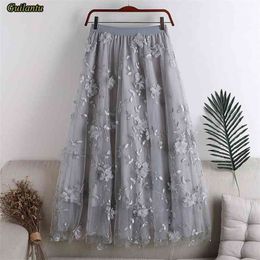 Guilantu Spring Autumn Embroidery Floral Tulle Skirt Women Clothes Fashion Elastic High Waist Mesh Pink Balck Long Skirts Female 210621