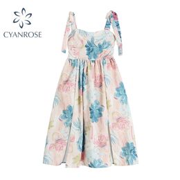 Summer French Vintage Floral Print Bandage Strap Midi Dress Women Tender Temperament High Waist Draped Slim Dresses Female 210515