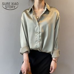 Fashion Button Up Satin Silk Shirt Autumn Vintage Blouse Women Long Sleeve White Shirts Tops Lady Chic Korean Office Shirt 11355 210317