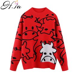 Women Cartoon Cute Sweater and Pullovers Long Sleeve Oversized Chic Jumpers Cows Kawaii for 210430