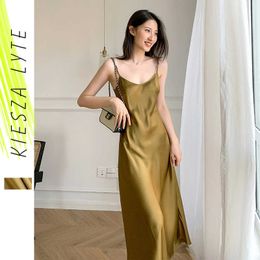 Luxury Satin Dress for Women Summer Vintage Design Yellow Strap A Line Dresses Sexy Party Ladies Outfit Vestido de mujer 210608