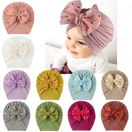 Fashion Golden Dots Bowknot Infant Indian Hats Comfortable Warm Cotton Striped Caps Children Bonnet Baby Photography Props