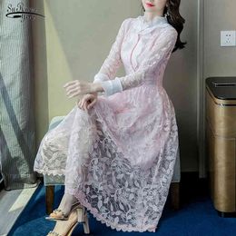 Spring Lace Dress Long Sleeve Up Vintage Midi High Waist A Line Floral Women Clothing Robe Femme 13425 210508