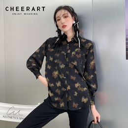 Butterfly Print Black Vintage Top Long Sleeve Button Up Shirt Women Clothes Korean Ladies Blouse Spring Fashion 210427