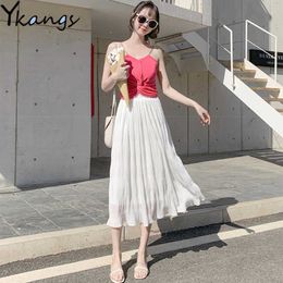 High-waisted Chiffon Folds Black Korean Fashion Woman Midi Spring And Summer Fresh And Sweet Ruffle A-line Skirts 210619