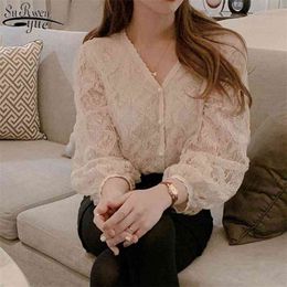 Spring Long Sleeve V-neck Wild Loose Lace Shirt Sweet Hollow Out Top Female Chiffon Blouse Blusas Mujer 13921 210521