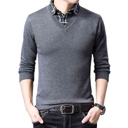 BROWON Sweater Mens Knitwear Autumn Fashion Slim s Fake Two-piece Turn-down Shirt Collar Clothes Plus Size M-XXXL 210918