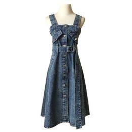 Blue Denim Jeans Solid Sleeveless Tank Slash Neck Button Sash Midi Dress A Line Summer D0592 210514