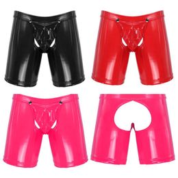 Külot # M-XXL Erkekler Wetlook Patent Deri Boxer Düşük Rise Külot Açık Buremovable Bulge Kılıfı Şort Underpant Seksi Iç Çamaşırı Clubwear