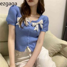 Ezgaga Knitted Crop Top Women Korean Fashion Bow V-Neck Summer New Slim Short Sleeve Solid Chic Ladies Shirts All-Match 210430