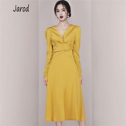 fashion Autumn Office Lady Dress Female Vintage Elegant yellow OL Work Wear V-Neck Long Sleeve High waist Midi 210519