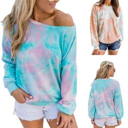 Women Casual Sweatshirts Tie Dye Printed Colorful O Neck Long Sleeve Hoodies Autumn Winter Sexy Off Shoulder Loose Pullover Tops 210526