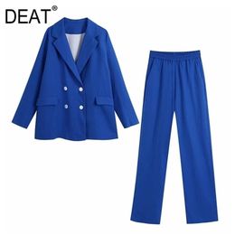 [DEAT] women summer fashion Double breasted Solid Colour Blazer High waist wide leg pants Two-piece suit 13Q442 210527