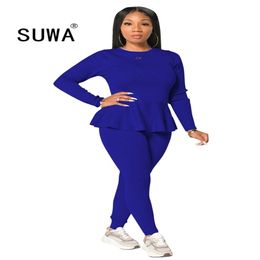 Real Pos Women Solid Ruffles Two Piece Sets Lady Casual O-neck Full Sleeve Lace-up T-shirts + High Waist Pencil Pants Outfits 210525