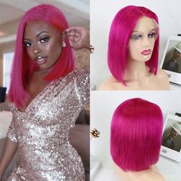 Short Bob 13x4 Lace Front Wigs Rose Red Straight Human Hair Wig Brazilian Remy 150% Pre Plucked For Women