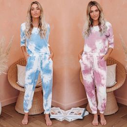 Womens Pyjamas Tye Dye 2 Piece Set Lounge Wear Pocket Homewear Suit Casual Fashion Long Sleeve Top And Pants Women Outfit Sets 210320