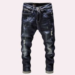 2020 homens novos moda afligidos buracos jeans homens casuais algodão slim azul calças longas homens denim jeans motocicleta motocicleta jeans outono x0621