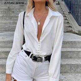 Retro Pearl Button Lapel Shirt French White Colour Single-breasted Long sleeve Women Blouse Casual Tops 210429