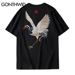 GONTHWID Harajuku Embroidery Crane Tees Shirts Mens Hip Hop Streetwear Tshirts Summer Fashion Casual Short Sleeve Tops Male 210329