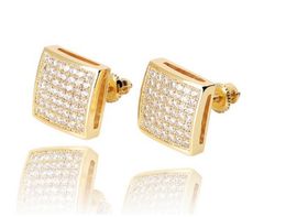 Real Solid 14K Gold Plated Iced Diamond Stud Screw Back Gold Finish Square