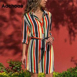 Aachoae Long Sleeve Shirt Dress Summer Boho Beach Dresses Women Casual Striped Print A-line Mini Party Dress Vestidos 210322