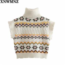 Women y2k Fashion Jacquard Cropped Cable-Knit Vest Sweater Vintage High Neck Ruffled Armholes Female Waistcoat Mujer 210520