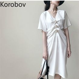 Korobov Summer Dress Korean Elegant V Neck Pearls Ruched Women Dresses Short Sleeve Elegant Vestidos Mujer 210430