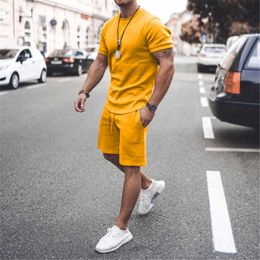 2021 Men Summer New Casual Shorts Sets Short Sleeve T-Shirt+Shorts 2 Pieces Set Male Solid Tracksuit Fashion Sports Sweatsuit X0610