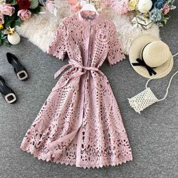 Women Elegant Hollow Out Lace Dress Office Lady Summer Solid O-Neck Button up Sashes Midi Dress Female Chic Short Sleeve Dress 210323