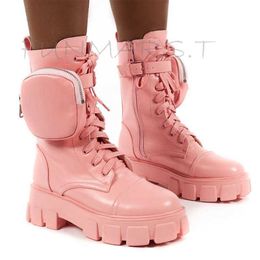 2020 New Chunky Boots Fashion Pocket Platform Women Ankle Female Sole Pouch Motorcycle Shoes Botas Mujer Y0910