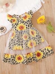 Baby Leopard & Sunflower Print Contrast Mesh Flutter Sleeve Dress SHE