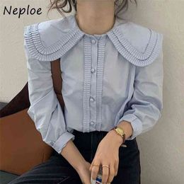 Neploe Doll Collar Puff Long Sleeve Cute Blouse Women Work Style OL Loose White Blue Blusas Single Breast Simple Shirt 210323