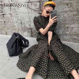 Elegant Print Floral Dress For Women O Neck Puff Short Sleeve Loose Vintage Dresses Female Summer Fashion 210520