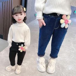 Jeans Winter Warm Children Girls Denim Sunflower Thicken Fleece Full Length Casual Trousers Kids Straight Fashion Harem Pants