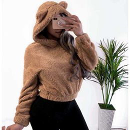 Cute Bear Ears Warm Plush Women Crop Hoodies Casual Long Sleeve Harajuku Autumn Winter Sweatshirt Hooded W603 210526