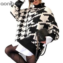Women Turtleneck Houndstooth Sweaters Girls Oversized Female Pulovers Winter Fall Long Sleeve Loose Top Warm Jumper 210604